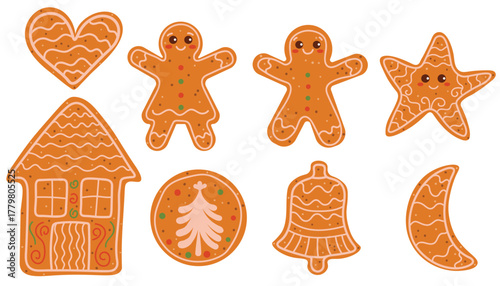 Cute flat cartoon set of Christmas gingerbread cookies set with house, star, heart, man, woman, bell, crescent, round cookie with spruce tree for winter, festive, holiday, and Christmas projects.