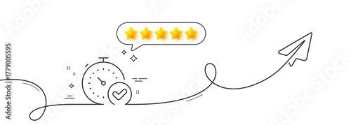 Fast verification line icon. Continuous line with share plane. Approved timer sign. Confirmed time symbol. Five star rate review in speech bubble. Fast verification single line ribbon. Vector