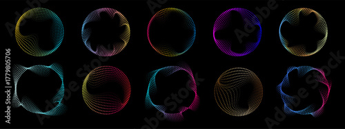Neon gradient circular wave set. Glowing curved lines forming bright round shapes. Vector collection of colorful spinning tech frames for futuristic design.