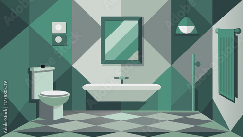 A bathroom with geometric tiled floors in shades of grey and white complemented by a geometric wallpaper in shades of green and cream.