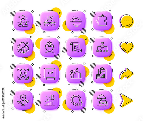 Sunrise, Face detection and Yoga line icons. App 3d buttons. Social media comment, share, like icons. Pack of Restructuring, Eco power, 360 degrees icon. Vector