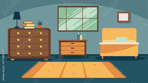 A bedroom with a mix of textures such as a gy rug a metalframed bed and a wooden chest of drawers.