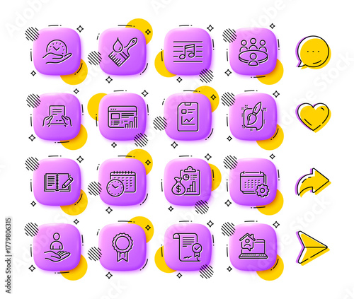 Brush, Approved agreement and Safe time line icons. App 3d buttons. Social media comment, share, like icons. Pack of Report document, Painting brush, Reward icon. Vector
