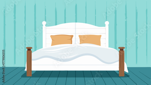 A bedroom with a white shiplap accent wall a distressed wooden bed frame and a fluffy white duvet cover.