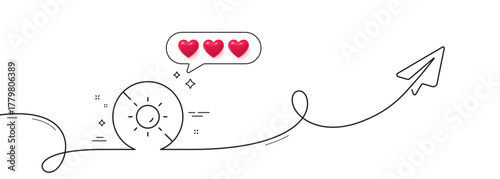 No sun line icon. Continuous line with share plane. Uv protect sign. Sunscreen effect symbol. Hearts rate review in speech bubble. No sun single line ribbon. Loop curve pattern. Vector