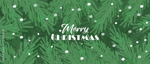 A banner with Christmas and New Year greetings. A trendy vintage greeting card with green pine branches, falling snow on a textured background. New Year banner for card, poster, cover, social media