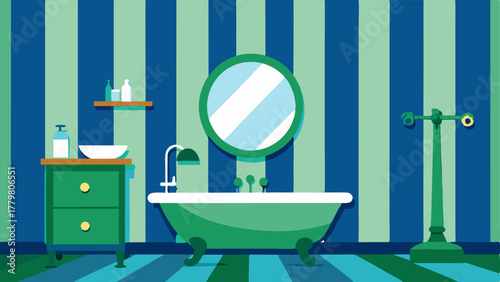 A bathroom with a bold striped wallpaper in shades of blue and green a clawfoot bathtub and a vanity with a round mirror.