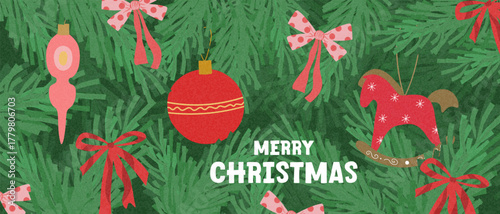 Merry Christmas and Happy New Year greeting card with pine branches, coquette bows ribbon, xmas red rocking horse toy, typography on textured background. Modern Minimal art banner, poster, cover 