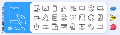 Mobile device line icons. Interest rate, AI generate, Inflation icons. Laptop, Tablet PC and Smartphone icons. HDD, SSD and Flash drive. Headphones, Printer and tablet device. Vector