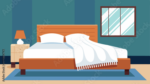 A bedroom with crisp white sheets and a woven throw blanket folded at the foot of the bed.