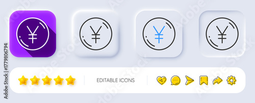 Yen money line icon. Neumorphic, Flat shadow, 3d buttons. Jpy currency sign. Cash coin symbol. Line yen money icon. Social media icons. Vector