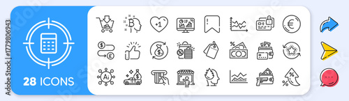 Trade infochart, Diagram chart and Change money line icons. Interest rate, AI generate, Inflation icons. Pack of Calculator target, Stress, Analytics graph icon. Vector