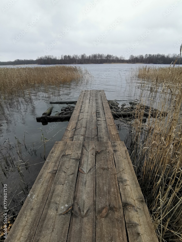 Obraz premium A rustic wooden walkway or pier extending into the calm, reed-lined water of Lake Onega on an overcast day, emphasizing tranquility and nature