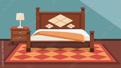 A bedroom with a rustic wooden bed frame crisp white bedding and a geometric patterned area rug.