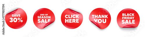 Discount sticker tag. Season sale, Black friday paper price banners. Save 30 percent off tag. Sale Discount offer price sign. Special offer symbol. Thank you sticker. Vector