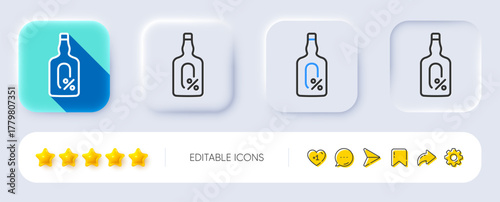 Alcohol free line icon. Neumorphic, Flat shadow, 3d buttons. Whiskey bottle sign. Bar drink symbol. Line alcohol free icon. Social media icons. Vector
