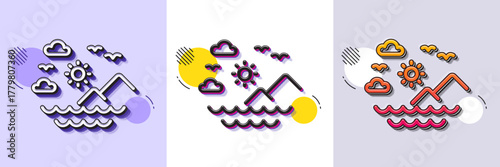 Travel sea mountains line icon. Halftone dotted pattern. Gradient icon with grain shadow. Sun, clouds and waves sign. Summer holidays symbol. Line sea mountains icon. Various designs. Vector