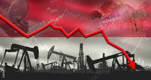 Fall oil price with Indonesian flag on economic chart, Petrol crisis with Indonesian flag on financial graph