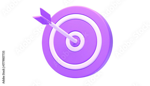 Purple target hit dead center with arrow, 3D render on black background, flat design, stylized