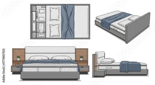 Vector Bed Design Multiple View Angles.