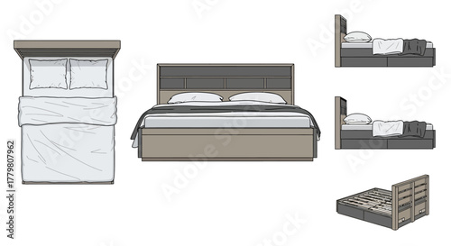 Vector Bed Design Multiple View Angles.