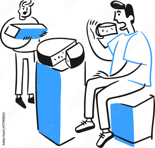 Illustration of people enjoying cheese tasting event with gourmet cheese and cheese platter selection isolated on transparent background, vector illustration