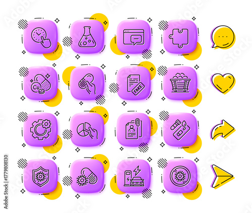 Capsule pill, Cogwheel and Coronavirus protection line icons. App 3d buttons. Social media comment, share, like icons. Pack of Fake news, Coal trolley, Seo message icon. Vector