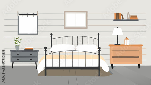 A bedroom with white shiplap walls a wrought iron bed frame and a reclaimed wood dresser.