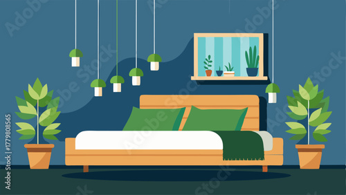 A bedroom with a small vertical garden hanging above the bed creating a tranquil and natural sleeping space.