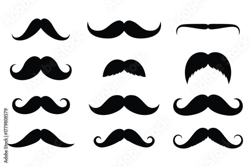 Collection of nine black mustache icons with transparent background Keywords: mustache, icon, symbol