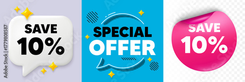 Discount speech bubble. 3d sparkles chat, Paper sticker. Save 10 percent off tag. Sale Discount offer price sign. Special offer symbol. Special offer bubble. Halftone dots pattern. Vector