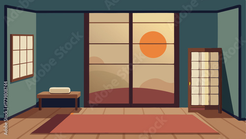 A bedroom with a sliding shoji screen door and a simple wooden wardrobe