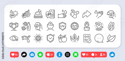 Vaccine announcement, Shield and Hypoallergenic tested line icons pack. Social media: share, comment, like icons. Farsightedness, Dont touch, Cardio training web icon. Vector