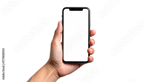 Hand holding a black smartphone with a blank white screen, isolated against a pure black background