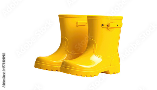 Two shiny yellow rain boots stand side-by-side against a black backdrop, slightly angled toward the viewer