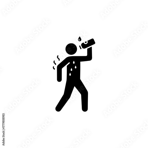 Minimalistic figure, drinking water after workout, clean vector lines, black and white, flat design