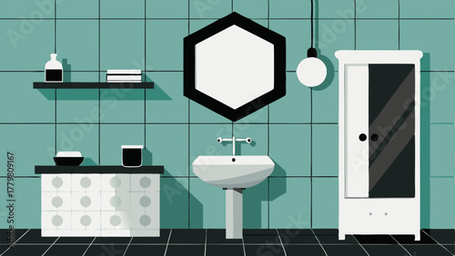 A bathroom with a white subway tiled shower a black hexagon tiled floor and a white vanity with a black marble countertop.