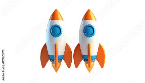 Two cartoon rockets, white with orange accents, blasting off against a plain black backdrop