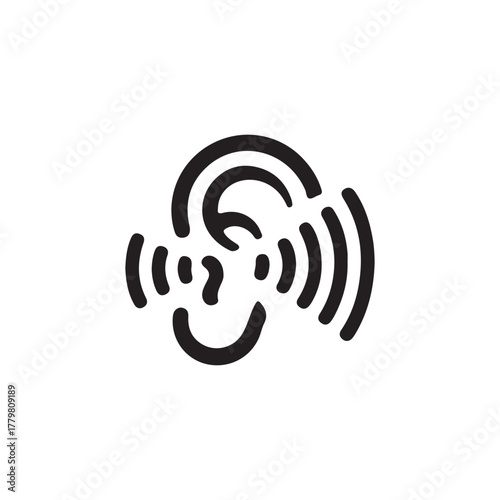 Simple ear and sound waves icon design in black and white silhouette