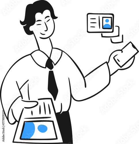 Businessman presenting id card identification document employee badge for corporate access control system isolated on transparent background, vector illustration