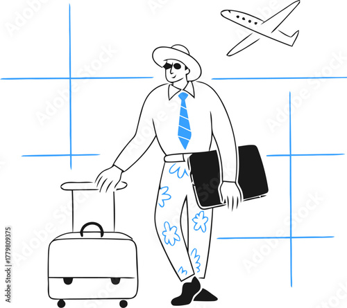 Man traveling with luggage and airplane illustration for vacation or business trip concept design vector isolated on transparent background, vector illustration