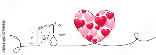 Diesel canister line icon. Continuous line big heart. DD liquid fuel sign. B7 petroleum container symbol. 3d hearts in heart shaped loop. Diesel canister single line ribbon. Loop curve pattern. Vector