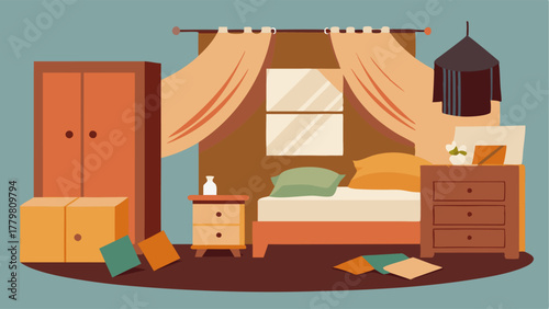 A bedroom with a dresser made from recycled cardboard bedding made from organic cotton and curtains made from repurposed bed sheets.