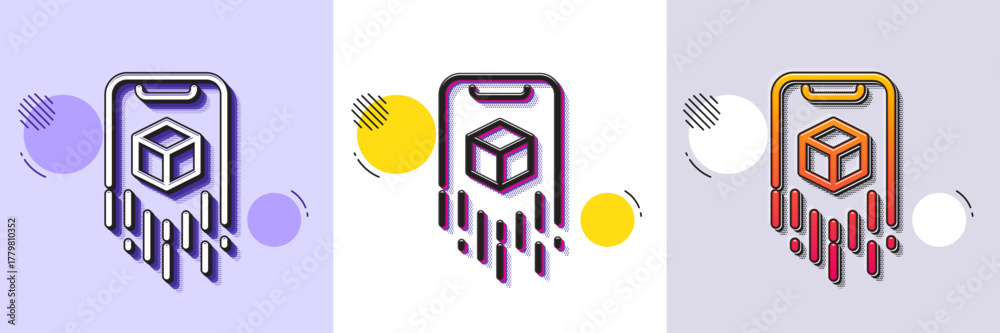 Obraz premium Augmented reality phone line icon. Halftone dotted pattern. Gradient icon with grain shadow. VR simulation sign. 3d cube symbol. Line augmented reality icon. Various designs. Vector