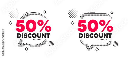 Discount chat speech bubble. Social media concept. 50 percent discount tag. Sale offer price sign. Special offer symbol. Line design chat bubble. Vector