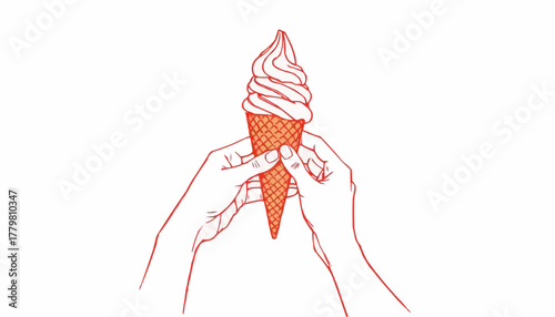 Minimalist illustration of hands holding a soft serve ice cream cone