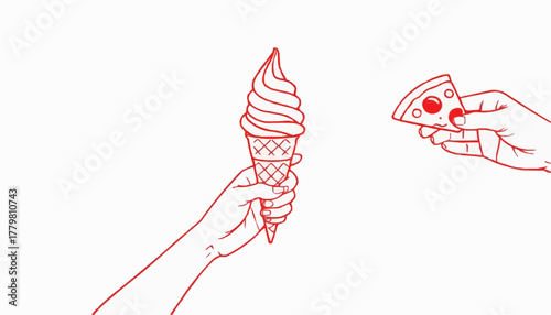Minimalist illustration of hands holding a soft serve ice cream cone and a slice of pizza