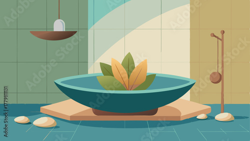 A bathroom with a large leafshaped vessel sink and a stone pebble shower floor.