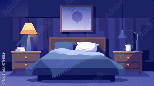 A bedroom with a fluffy duvet and a pile of soft pillows dimly lit by a bedside lamp.