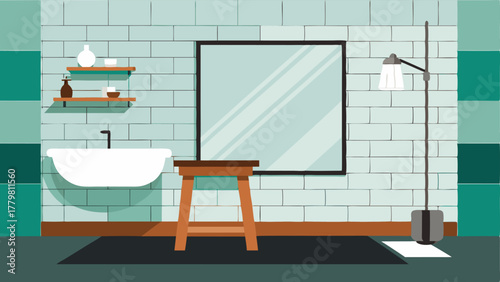 A bathroom with white subway tiles and a black framed shower. A wooden stool serves as a bathmat.